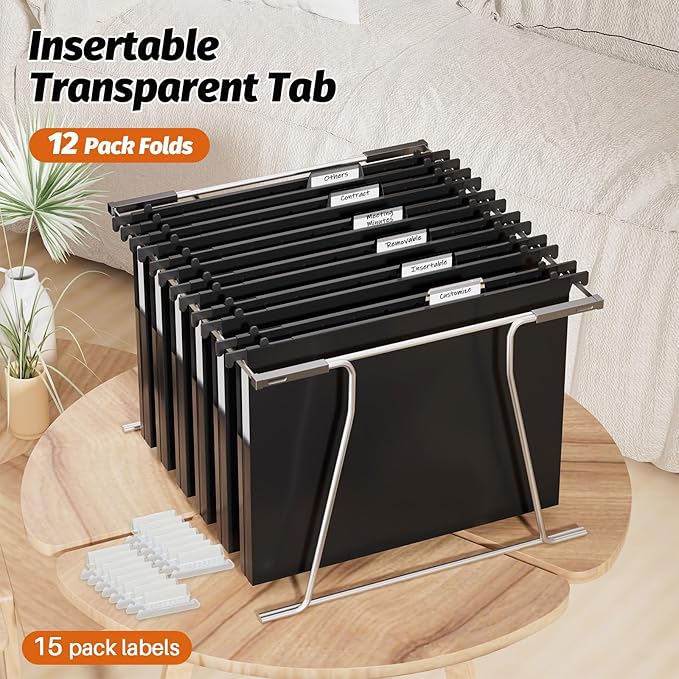Extra Capacity Plastic Hanging File Folders,12 Pack Reinforced Hang Folder,Heavy Duty 1 Inch Expansion,Filing Cabinet Folders Letter Size for Bulk Files/Medical Charts (Sides Sealed, Black)