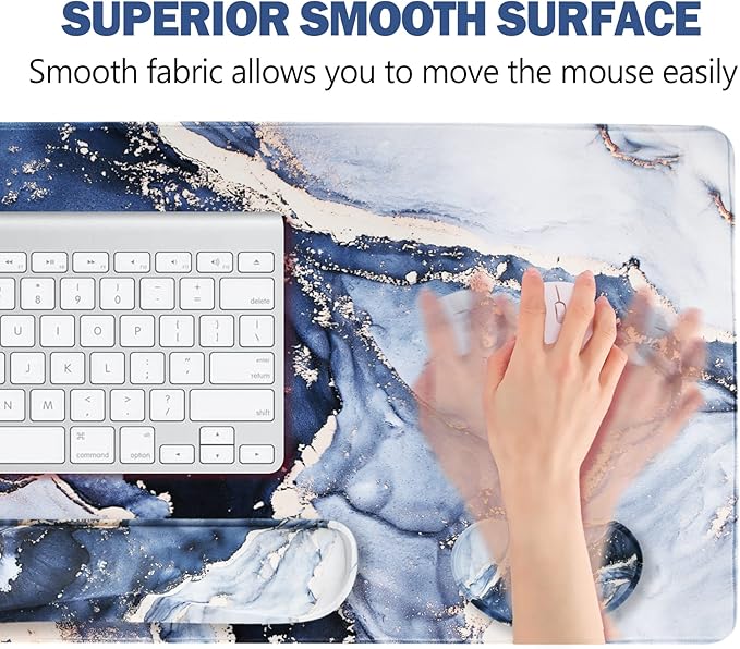 ARTSO Large Gaming Mouse Pad, Keyboard Wrist Rest Pad & Wrist Support Mousepad Set, Stitched Edge, Extended, Non-Slip Base, Memory Foam,Multifunctional Desk Mat 4pcs for Office & Home, Gilt Marble