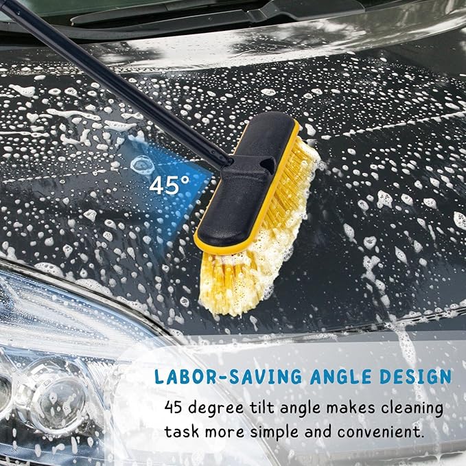 KeFanta Car Wash Brush with Long Handle, 55'' Vehicles Exterior Washing Supplies, Soft Bristle Scrub Broom for Solar Panel, Boat, RV, Truck, Deck Cleaning, 2 Wax Applicator Pads Included