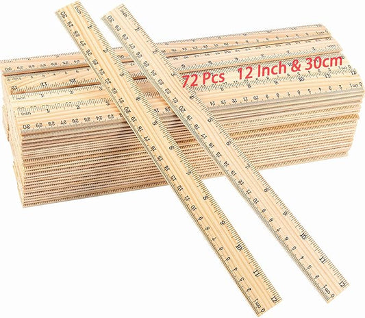 KINJOEK 72 Packs 30cm 12 Inch Wooden Rulers, 2 Scale Imperial Metric Double Sided Pine Wood School Measuring Ruler Bulk for Home Classroom Student Office Use Drafting Supplies