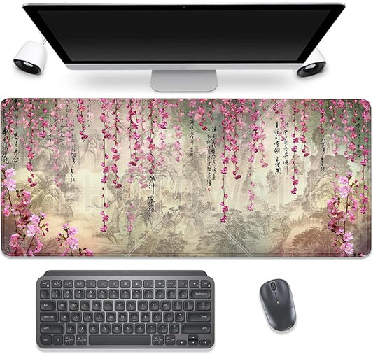 Mountains Flowers and Words Desk Pad Mouse Pad,Large Gaming Chinese Style Mouse Mat with Stitched Edges,Non-Slip Waterproof Rubber Base Mousepad for Office Work Home Desk Mat(27.5X11.8 in)