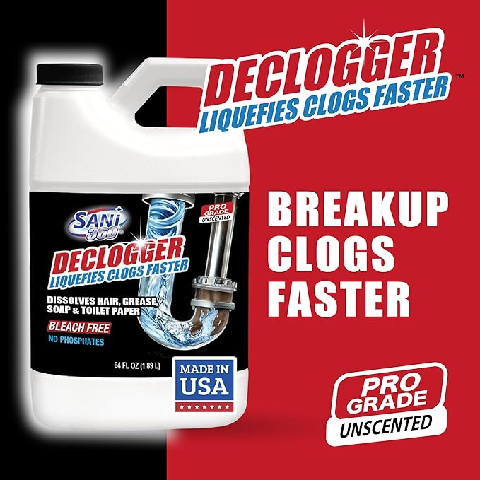 Sani 360° Declogger Dissolves Hair, Soap Scum, Blockage, Toilet Paper. Drain Clog Remover works on Sinks, Shower, Bathtubs, Non-Corrosive, Safe for Pipes and Septic Systems, MADE IN USA (64 FL OZ)