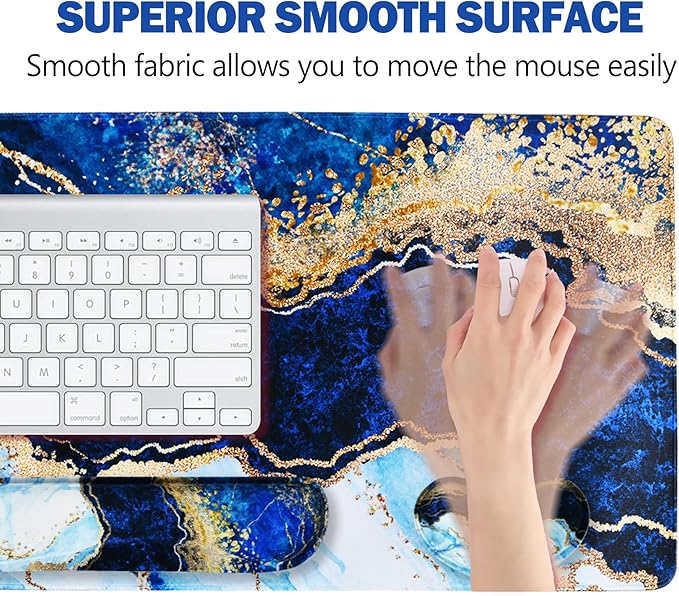 ARTSO Large Gaming Mouse Pad, Keyboard Wrist Rest Pad & Wrist Support Mousepad Set, Stitched Edge, Extended, Non-Slip Base, Memory Foam,Multifunctional Desk Mat 4pcs for Office & Home, Blue Marble