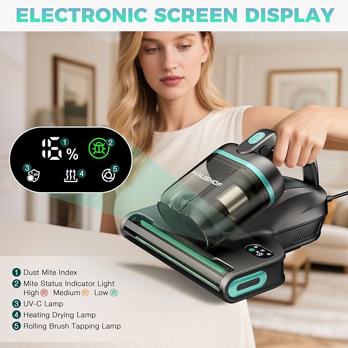 HAUSHOF Mattress Vacuum Cleaner, 15Kpa Bed Vacuum Cleaner with 275nm UV-C Light, 140°F Heat, Aromatherapy, HEPA Filter, Dual Dust Cups, Versatile Handheld Vacuums for Bed, Sofa, Couch, Crib