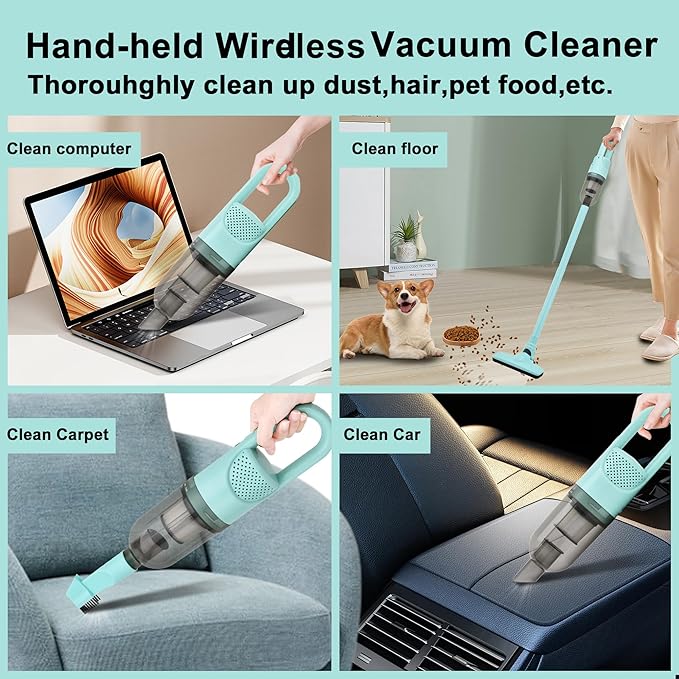 SIPPON 6-in-1 Lightweight Stick Vacuum Cleaner with 100W Powerful Motor, Mini Portable Household Handheld Vacuum Cleaner for Domestic Hard Floors, Carpets and Pet Hair(Green Cordless with Plug)