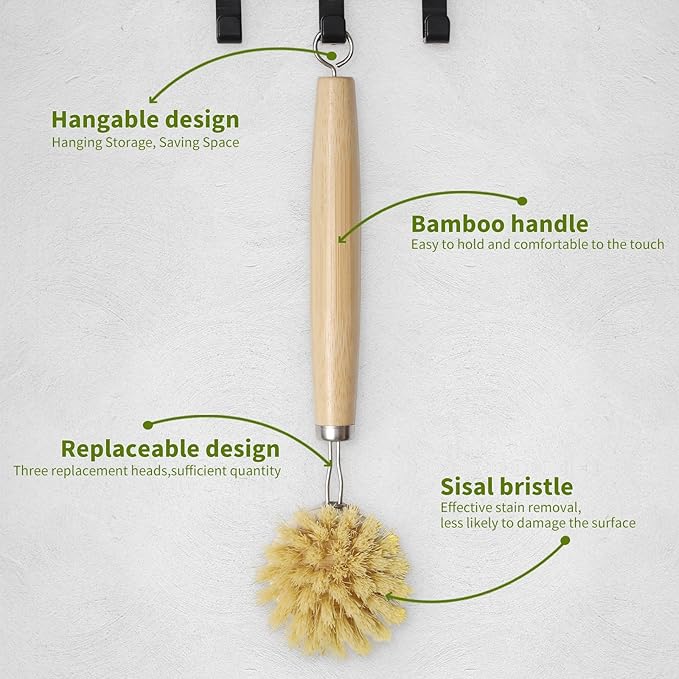 ÖkoStamm Bamboo Dish Brush with Long Handle - Natural Dish Scrubber Brush Set Includes 4 Replacement Brush Heads, Sisal Bristle Bamboo Brush for Dishes, Pans, Pot, Fruit and Veggie
