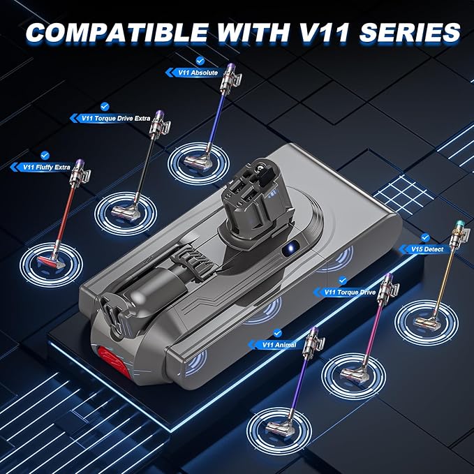 8000mAh V11 Battery Replacement Compatible with Dyson V15 Button Click in Installation Style Battery V11 Extra/Absolute/Animal/Outsize/V15/SV15/SV16 970425-01 Vacuum Cleaner (Not for Screw-in Models)