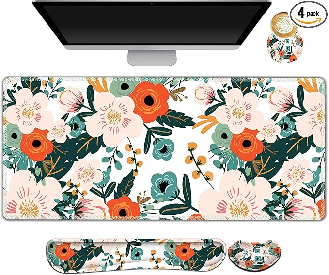 ARTSO Extended Gaming Mouse Pad Set, Keyboard Wrist Rest Support Pad + Wrist Cushion + XXL Large Mouse Pad + Coaster, Stitched Edge, Non-Slip, Memory Foam Desk Mat, Flower