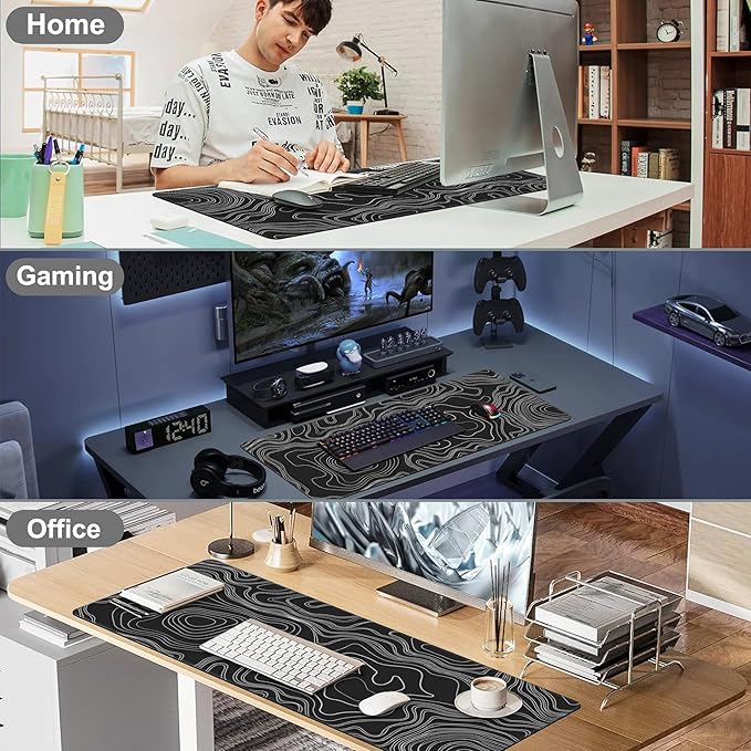 Mouse Pad, Large Mountain Topographic Terrain Map Desk Mat, Extended Non-Slip Gaming Keyboard Mousepad Desk Pad, Thick Stitched Edges Waterproof Mouse Mat 31.5"x15.7" (White Topographic Line Art)