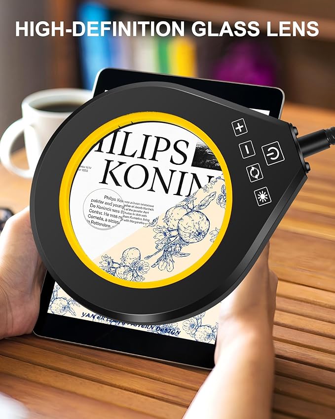 Flexible Gooseneck 2-in-1 Magnifying Glass with Light and Stand,10x & 5x Real Glass Lens Magnifying Lamp, 5 Color Stepless Hands-Free LED Desk Lamp with Clamp for Painting, Crafts, Reading (Yellow)