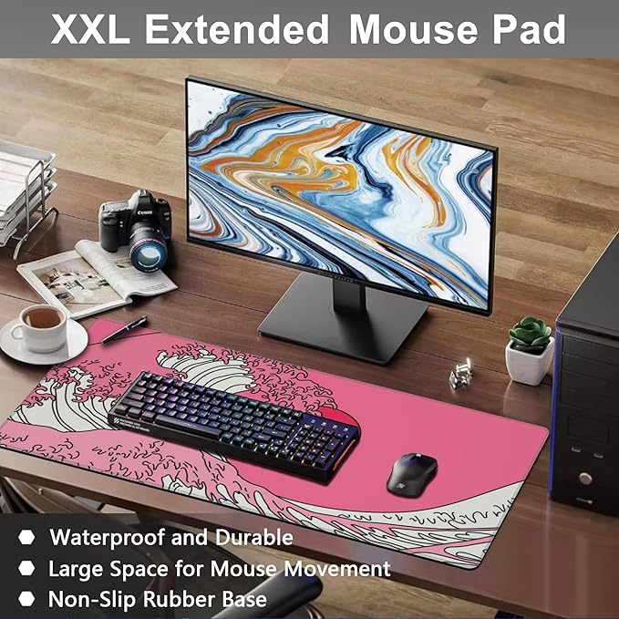 Mouse Pad, Large Great Wave in Vaporwave Pop Art Desk Mat, Extended Non-Slip Gaming Keyboard Mousepad Desk Pad, Thick Stitched Edges Waterproof Mouse Mat 31.5"x15.7" (Ocean's Crest Leap)