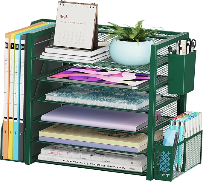 Simple Trending 6 Tier Desk File Organizer, Paper Letter Tray Organizer with File Holder and Pen Container, Green