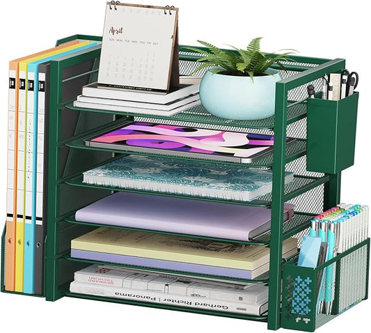 Simple Trending 6 Tier Desk File Organizer, Paper Letter Tray Organizer with File Holder and Pen Container, Green