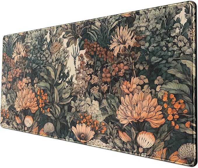 Flower Vintage Desk Pad Aesthetic Desk Mat Flower Mouse Pad Computer Big Mousepad Non-Slip Base Gaming Keyboard Giant Mouse Pad Computer Mat for Laptop Office with Stitched Eges 31.5x11.8 in