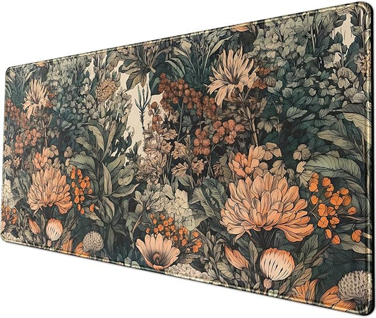 Flower Vintage Desk Pad Aesthetic Desk Mat Flower Mouse Pad Computer Big Mousepad Non-Slip Base Gaming Keyboard Giant Mouse Pad Computer Mat for Laptop Office with Stitched Eges 31.5x11.8 in