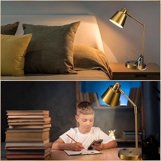 LED Desk Lamp with Dual USB Charging Ports, 100% Metal, 270° Swivel Arms, Soft White Light (3000K), Bedside Reading Lamp, Home Office Lamp(Golden)