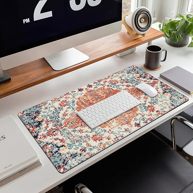 Large Gaming Mouse Pad for Desk, Boho Style Design Carpet Desk Mat for Desktop, Non-Slip Rubber Base Stitched Edges Long Computer Keyboard Mouse Mat Desk Pad for Home Office Gaming 35.4"X15.7"
