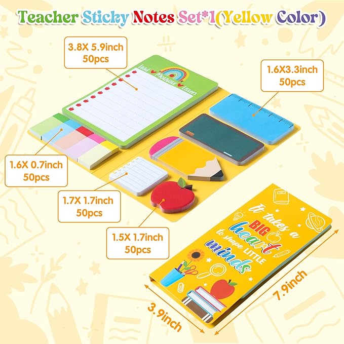 Xqumoi Teacher Themed Sticky Notes Set - Blackboard Pencil Apple Shape Self-Stick Note Pads Teacher Appreciation Gift Writing Memo Pads Page Marker Back to School Office Supplies, 550 Sheets (Yellow)