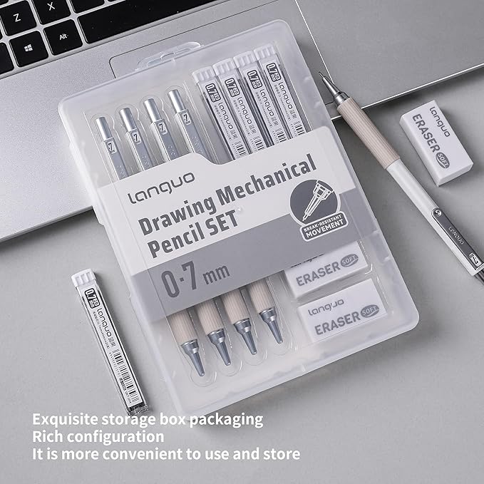 0.7mm Mechanical Pencil Set with Case, 4PCS Drafting Mechanical Pencils Kit – 4 Tubes 2B Lead Refills, 3 Erasers, Ideal Pencil Set for Writing & Drawing