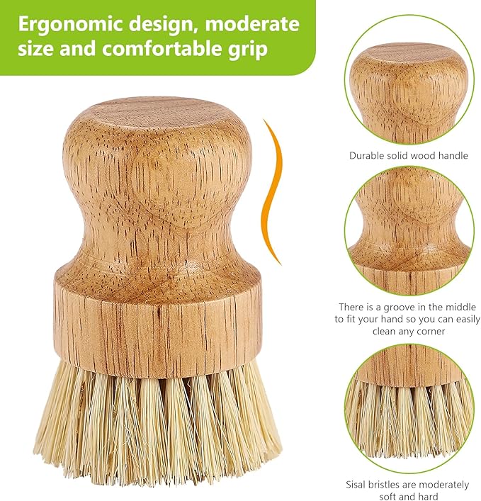 2er Pack Palm Pot Brush- Bamboo Round Mini Dish Brush Natural Scrub Brush Durable Scrubber Cleaning Kit with Union Fiber and Tampico Fiber for Cleaning Pots, Pans and Vegetables (B, M)