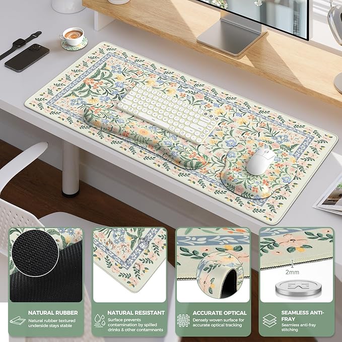 iCasso Desk Pad Mat, Large Mouse Pad and Keyboard Wrist Rest Set, Desk Protector Mat,4in1 Ergonomic Carpal Tunnel Keyboard Pad with Wrist Support for Desktop Cover Home Office Computer(Green Flowers)