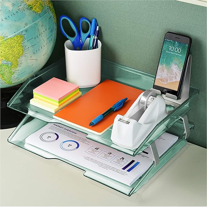 Acrimet Facility 2 Tier Letter Tray, Side Load, Letter Size/A4, Desktop File Organizer, Plastic (Clear Green Color)