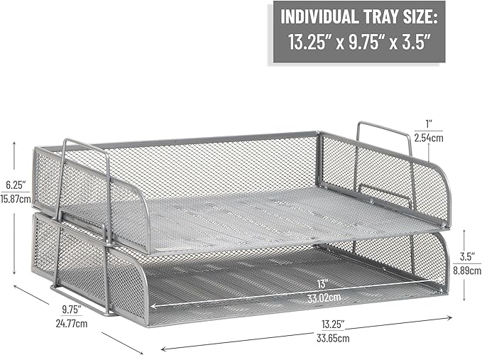 Mind Reader Stackable Paper Tray, Desktop Organizer, File Storage, Office, Metal Mesh, 13.25" L x 9.75" W x 6.25" H, 2 Pcs., Silver