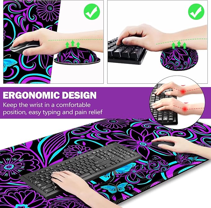 ARTSO Purple Desk Mat, Large Gaming Mouse Pad with Wrist Rest, Flower Butterfly XXL Mousepad+Keyboard Wrist Rest+Mouse Pad Wrist Support+Coaster Set for Home Office Accessories