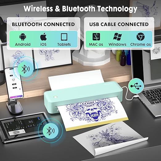 Wireless Tattoo Transfer Stencil Printer, Portable Thermal Tattoo Machine for Tattoo Beginners with 40pcs Stencil Paper, Compatible with Smartphone & PC, Rechargeable & Inkless, Light Green