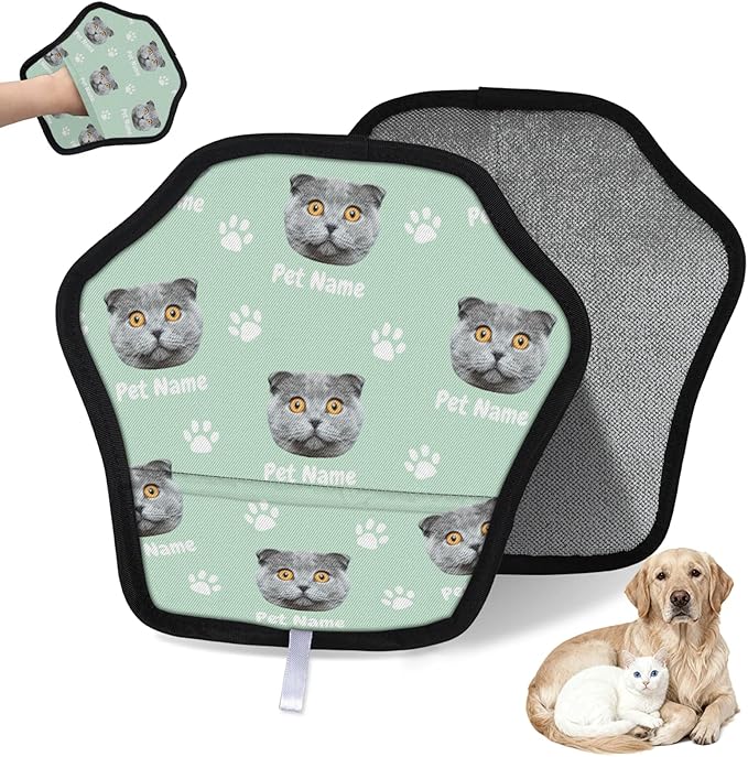 Personalized Pet Hair Remover Glove for Dogs & Cats - Custom Photo & Name Magic Brush for Dog Cat Hair Removal, Reusable Electrostatic Pet Hair Gloves for Furniture Carpet Couch, Face Paw Green