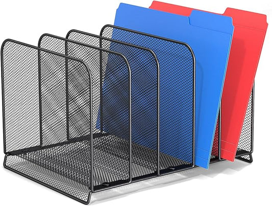 5 Sections File Rack,Mesh File Sorter File Folder Holder with Cylinder Edging,Sturdy Not Bent, Metal Desk Organizer Desktop Organization for Document Newspaper Magazine,1 Pack