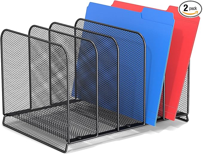 Desk File Organizer, 5 Sections Upright Mesh File Sorter Desktop Organizer Office Organization Metal Document Rack File Folder Holder for Home,Office,Classroom,2Pack