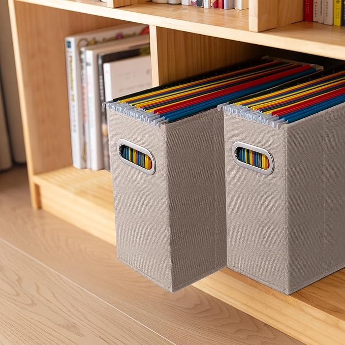 4 Packs Letter Size File Organizer, File Folders Organizer, Fabric Storage Box, Collapsible Paper Organizer with Metal Handle, Smooth PVC Rails, Only Box (Beige)