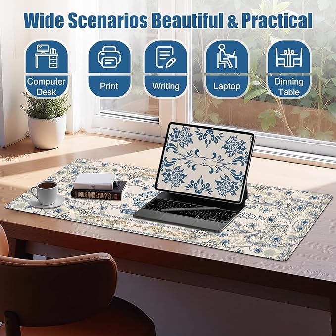 Beige Mouse Pad Desk Mat, Large Floral Desk Matt for Desktop, Cute DeskPad Mat, XXL Big Mouse Pad for Desks, Anti-Slip Mousepad with Stitched Edges, Keyboard Pad MouseMat Cover for Computer 35.4×15.7