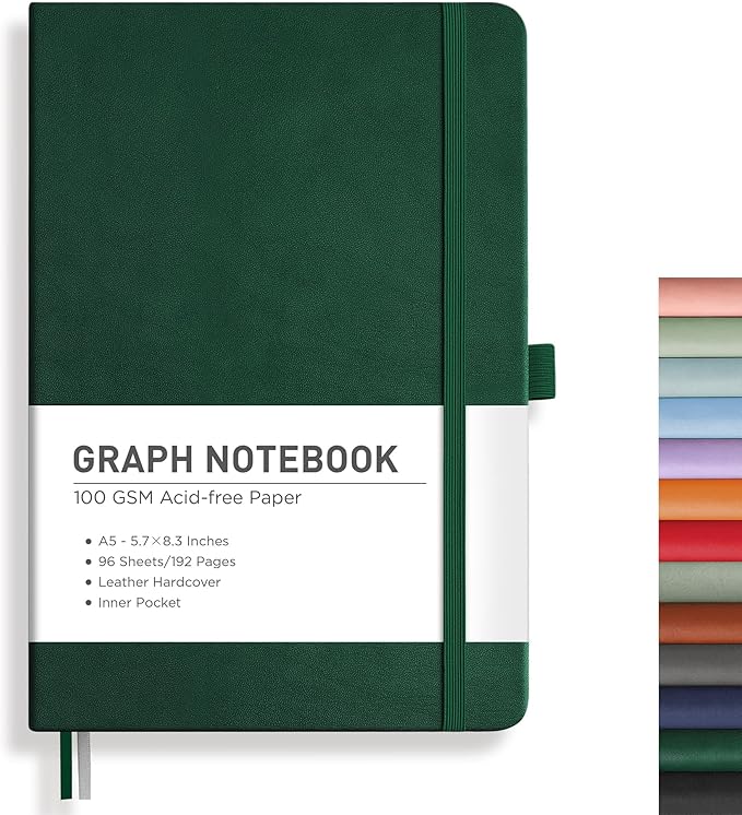 RETTACY Graph Grid Paper Notebook, 192 Pages, A5 Medium Size (5.7'' x 8.3''), 5 Squares per Inch, Leather Hardcover, 100 GSM Thick Paper, for School, Students, Math, Engineering (Dark Green)