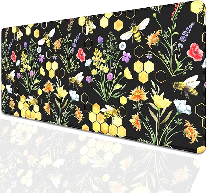 Bees and Honeycombs Mouse Pad,XL Large Wildflowers Mousepad Desk Pad with Stitched Edges,Non-Slip Waterproof Rubber Base Mouse Mat Desk Mat for Office Computer Keyboard Laptop Home(27.5x11.8 in)