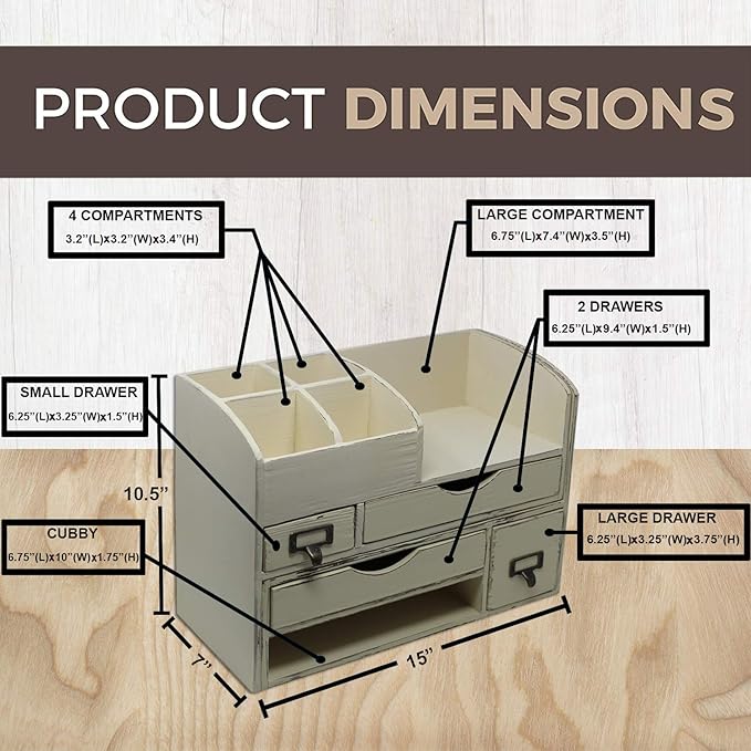 Executive Office Solutions Large Adjustable Wooden Office Desk Organizer For Desktop, Tabletop, or Counter – Wood Storage Shelf Rack – For Office Supplies, Desk Accessories, or Mail - White