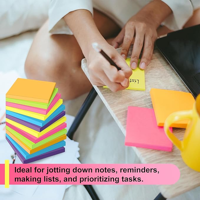 OHOME Sticky Notes - 12 Pads, 3”x3” - Colorful Self-Stick Post Notes Bulk - Office Desk Accessories | Teacher Classroom Must Haves,Aesthetic School Supplies for Home,Stocking Stuffers for Women