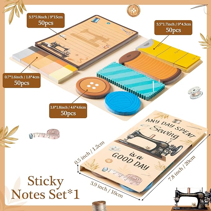 Xqumoi Retro Sewing Sticky Notes Set - Any Day Spent Sewing is A Good Day Self-Stick Note Pads Teacher Appreciation Notepads Writing Memo Pad Page Marker Back to School Office Supplies, 550 Sheets