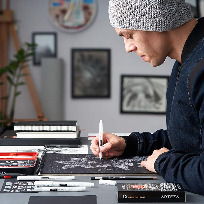 ARTEZA White Gel Pens Set, Pack of 12, White Rollerball Pens for Drawing and Writing, White Gel Pens for Artists