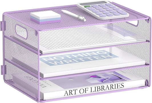 DALTACK 3 Tier Letter Tray Paper Organizer with Handle, Mesh Desk File Organizer, Paper Tray Desk Organizer for School Office Home, Metal Mesh, Purple
