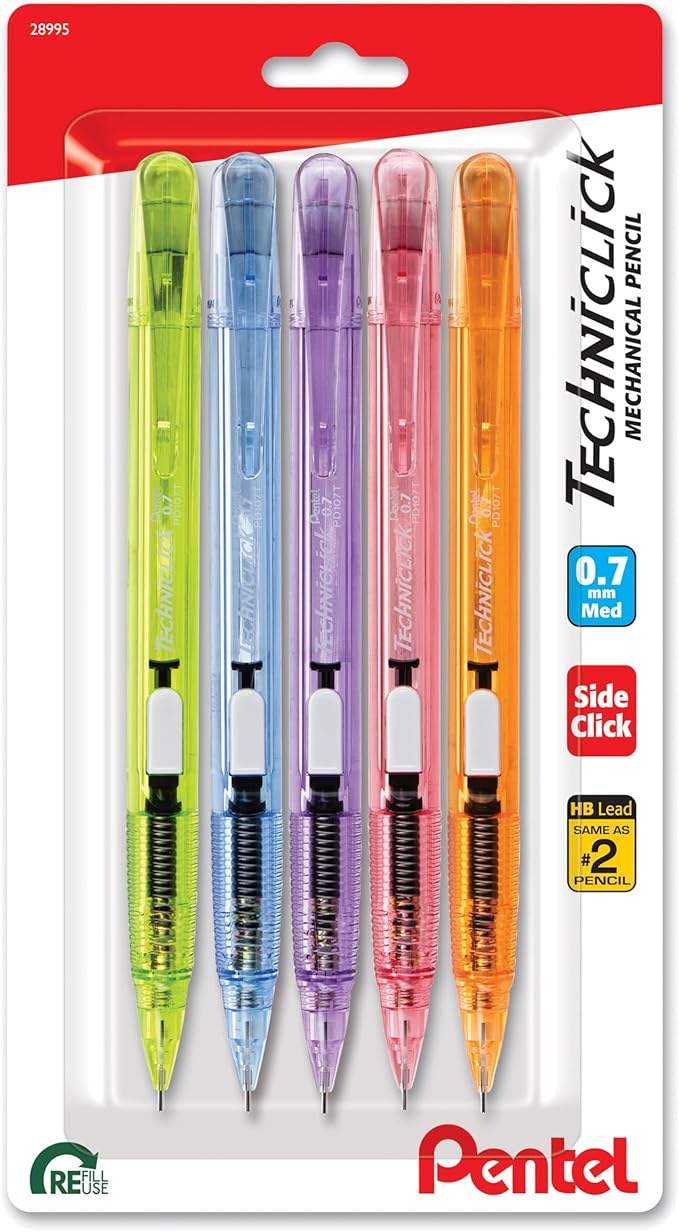 Pentel Techniclick 0.7mm Mechanical Pencil – Pack of 5, Smooth Writing Pencil for Students & Professionals, Medium Line, Side-Click Lead Advance, Assorted Pastel Barrel Colors (PD107TBP5M)