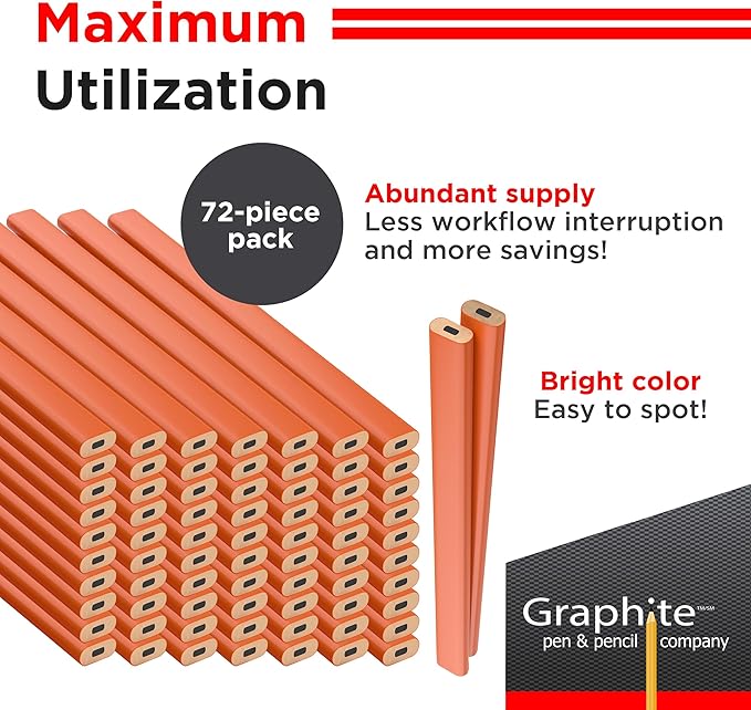 GRAPHITE Hard Lead Carpenter Pencils Bulk - (72) Pieces Lumber Wooden Pencil #2 (HB) - Neon Orange