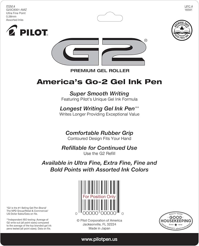 Pilot, G2 Premium Gel Roller Pens, Ultra Fine Point Gel Pens 0.38 mm, Pack of 8, Black & Blue