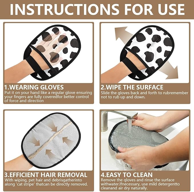 CHPGPUG Cow Pattern Print Pet Hair Removal Glove for Cats & Dogs Reusable Pet Hair Removal Glove pet Hair Electrostatic Gloves