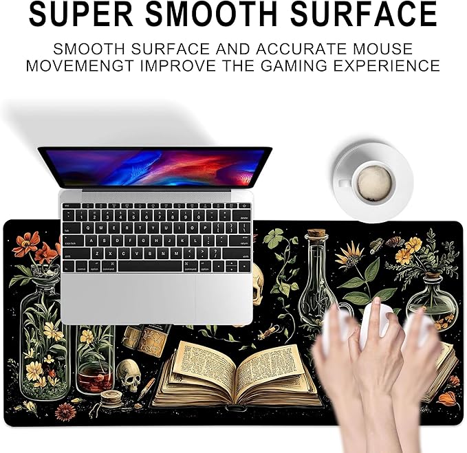 Gaming Mouse Pad, Dark Academy Green Plant Skull Large Desk Mat for Keyboard and Mouse,Non-Slip Rubber Base and Stitched Edges Desk Pad for Home Office 35.4x15.7in