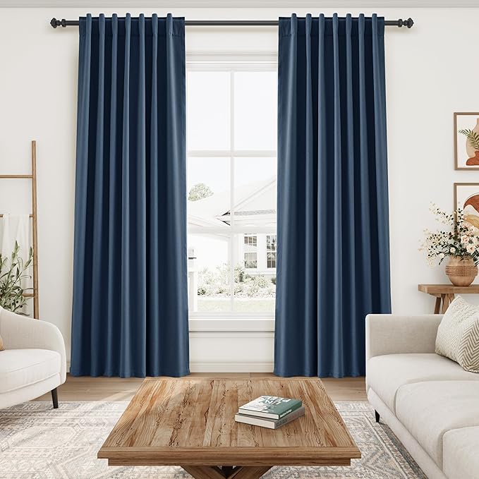 Nanspring Denim Blue Linen Blackout Curtains 96 Inches Long Loop Pocket Rod Pocket Flax Linen Noise Reducing Full Shading 2 Panels Set for Dining Room Elegant Modern Curtains Drapes 52x96