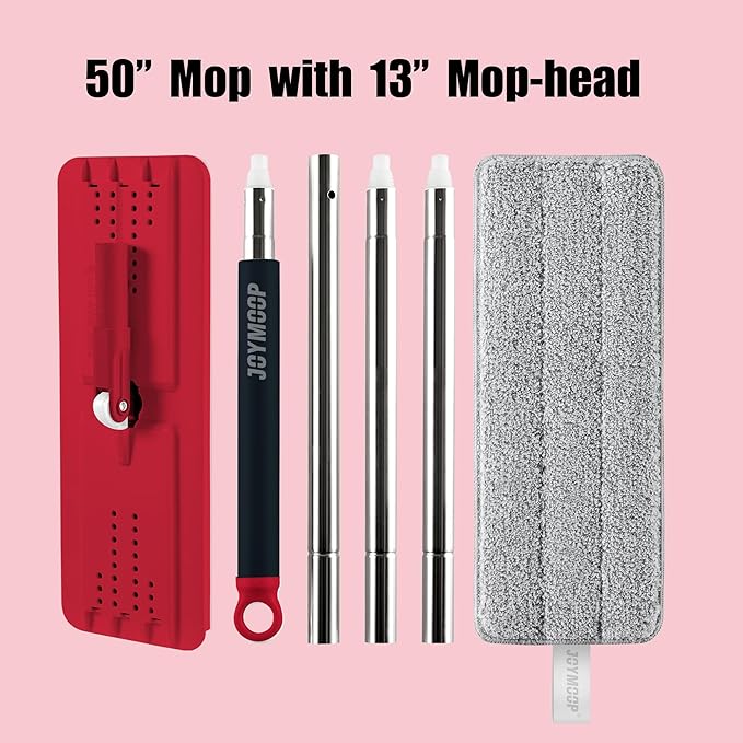 JOYMOOP Flat Mop, Microfiber Mops for Floor Cleaning and Wall Cleaner, 50" Mops with 13" Flat Head with a Microfiber Mop Pad - Black & Red