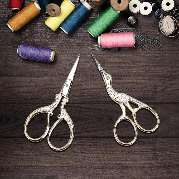 AQUEENLY Embroidery Scissors, Stainless Steel Sharp Stork Scissors for Sewing Crafting, Art Work, Threading, Needlework - DIY Tools Dressmaker Small Shears - 2 Pcs (3.6 Inches, Gold)