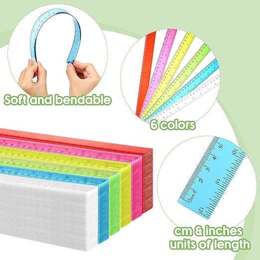 Fumete 600 Pack 12 Inch Plastic Rulers Bulk for Classroom Operation Christmas Supplies Flexible Transparent Assorted Color Ruler with Centimeters and Inches for Office Teacher Student